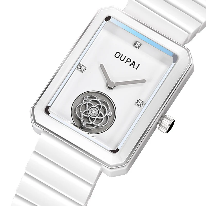 Квадратные женские часы OUPAI с прямоугольным циферблатом, белые керамические часы, женские кварцевые водонепроницаемые, повседневные и универсальные