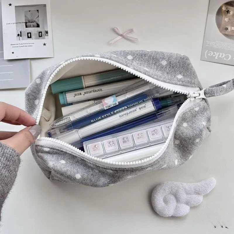 Portable Soft Grey Polka Dot Canvas Pencil Case Large Capacity Smooth Zipper For Students School Office Daily Stationery Storag