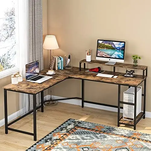 

L-Shaped Desk, Computer Desk with Monitor Stand and Shelves Kawaii desk Headset Mesa escritorio de estudio Folding tray Bureau