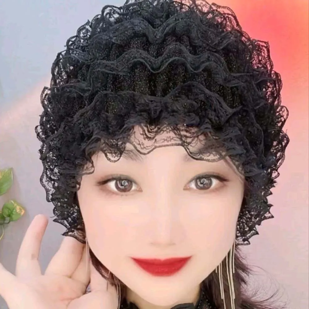 Soft Beauty Lace Curling Hat Breathable Polyester Elastic Curly Hair Hat Solid Color Brimless Beanie Mesh Lace Pullover Cap