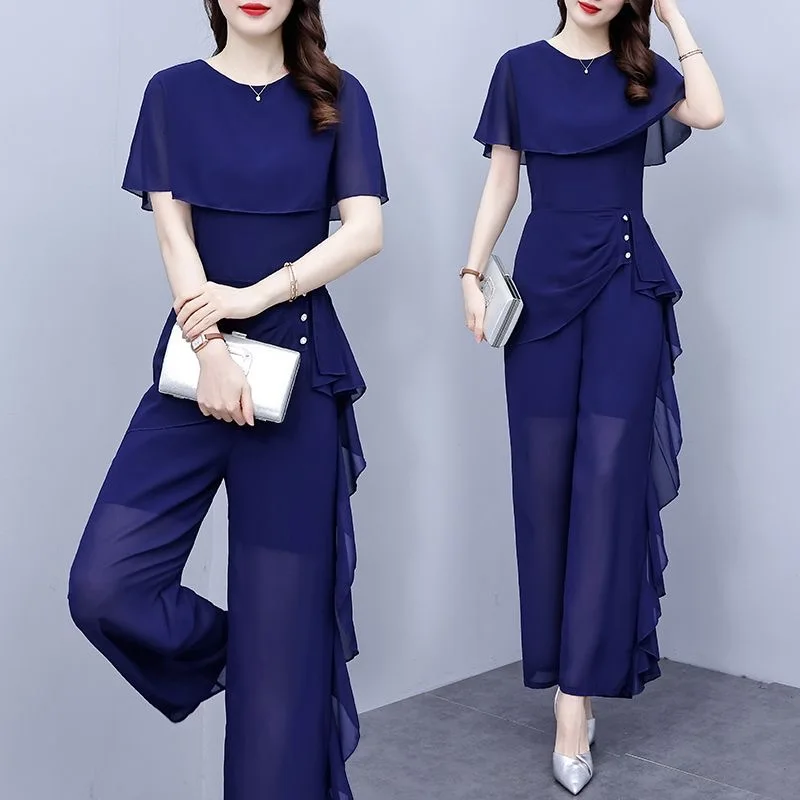 2023 Zomer Nieuwe Stijl Temperament Wijde Pijpen Jumpsuit Unieke Mode Chiffon Splice Jumpsuit Set