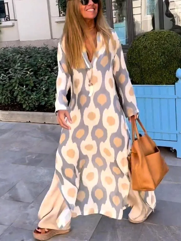 

Printed Maxi Dresses For Women 2023 Autumn New Casual V-neck Long Sleeve Loose Slit Dress Ladies Fashion Bohemian Style Vestidos