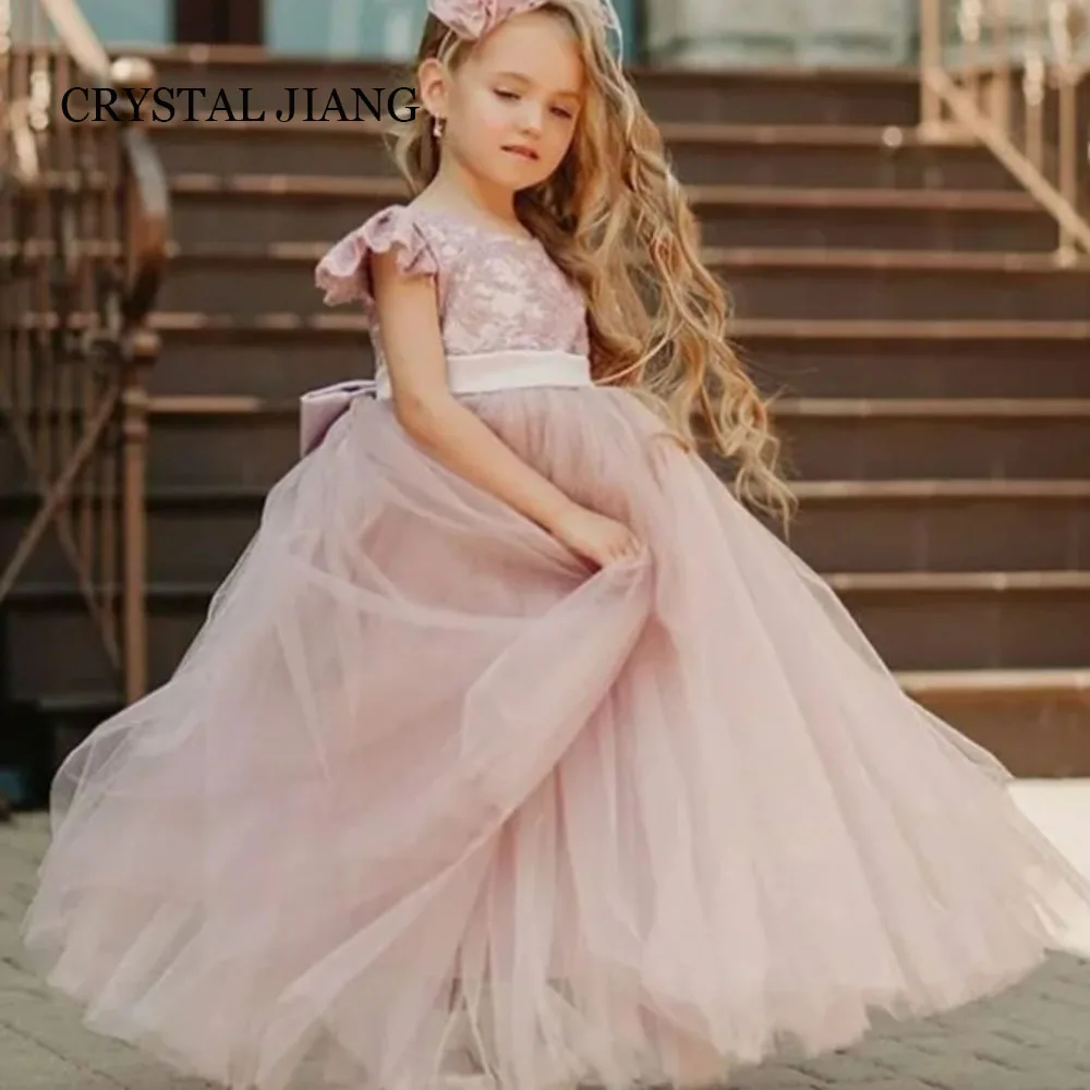 Elegant O Neck Pink Tulle Flower Girl Dresses Sleeveless A Line Floor Length Vestidos De Festa Para Meninas for Children