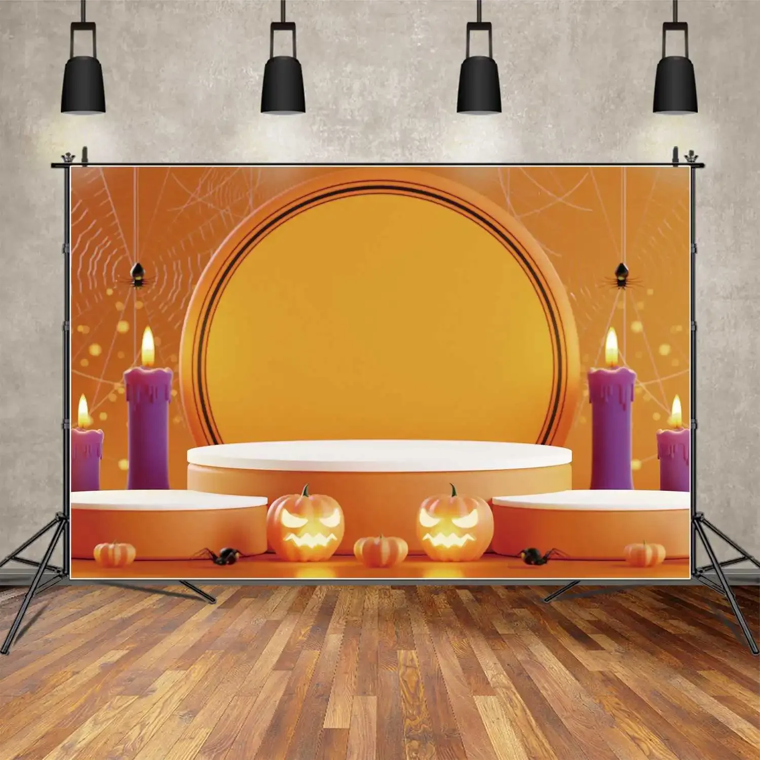 MOON.QG Backdrop Halloween Arches Party Stage Candle Light Jack O Lantern Background for Photography Spider Web Wall Decorations