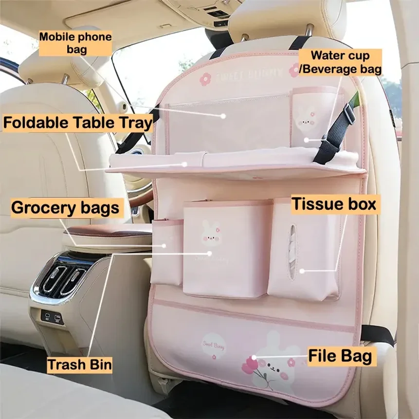 Leather Deluxe Car Seat Back Organizer-Multi-Function Storage, Foldable Dining Table Tray,Anti-Kick Pad,Decorative Car Accessory
