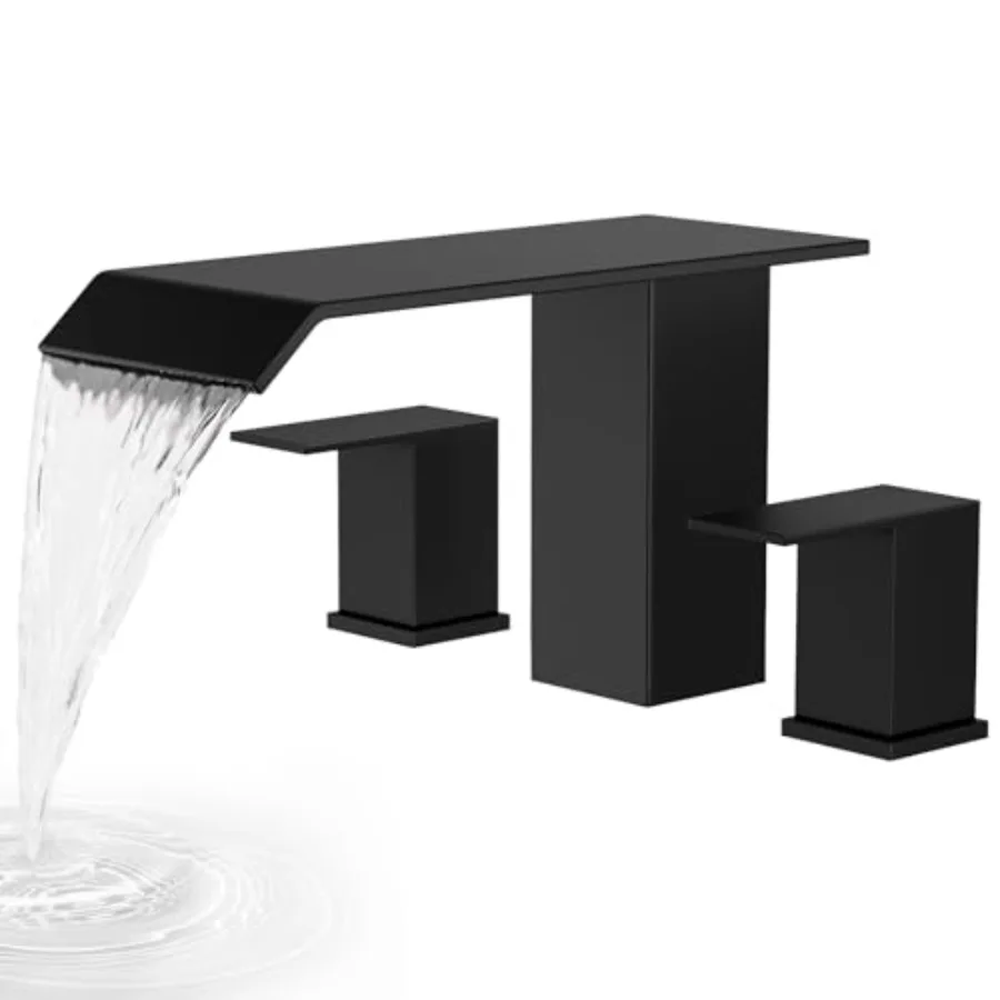 Grifo de bañera de montaje en cubierta negro mate con 2 manijas, de alto caudal, tipo cascada, estilo romano, para llenado de bañera, de 3 orificios, de amplio alcance, para jardín