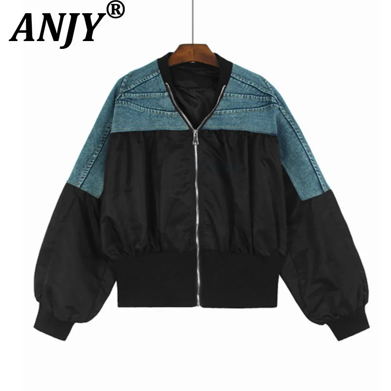 

ANJY Autumn New Women Tide Jacket Stand Collar Denim Patchwork Contrast Color Zipper Streetwear Stylish Casual Short Coats A9607