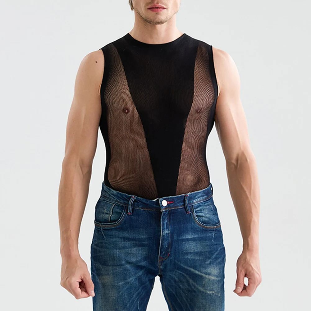 Mens Sexy Tank Top Sleeveless Mesh See Through Lingerie Vest Hollow Out Underwear Tank Top Night Clubwear Slim Top