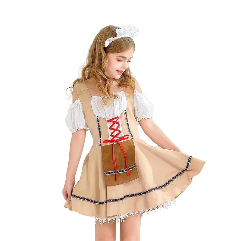 Carnival Cosplay Costume Maid Short Sleeved Strap Dress with Headwear Suits Festival Theme Party Role Playing Outfits for Girls