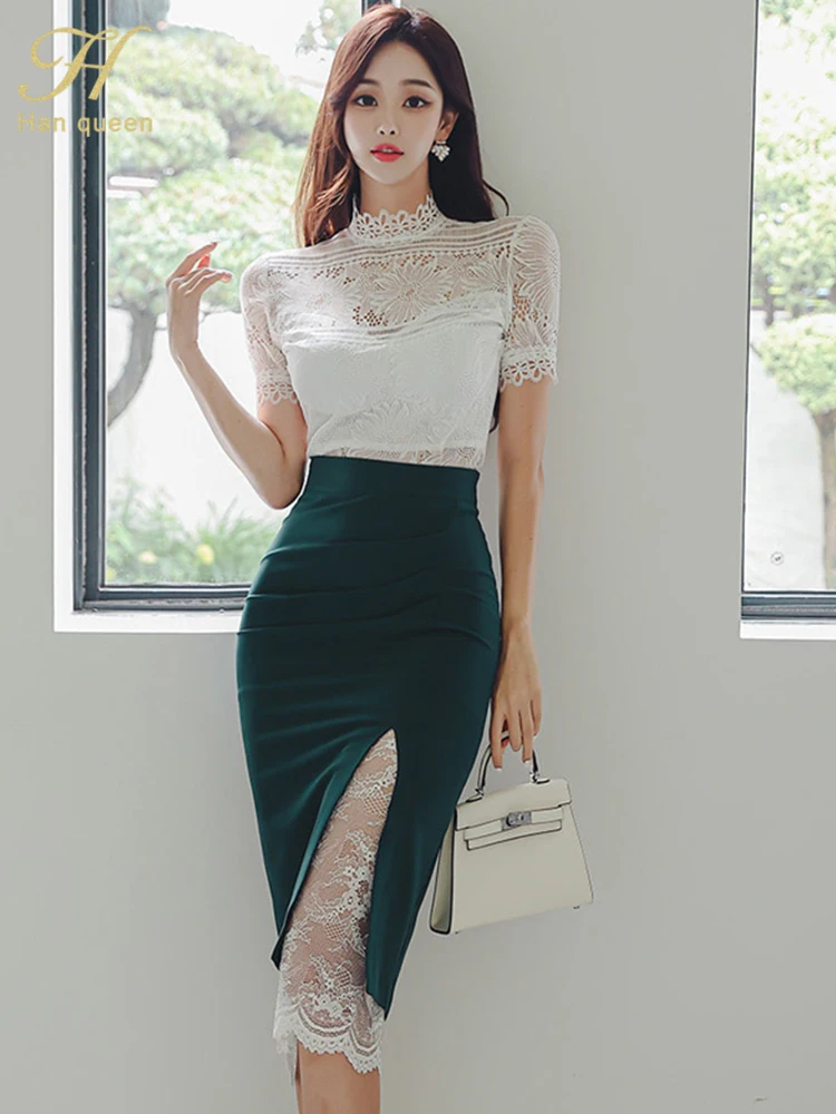 Han Queen 2024 Summer Dress Set Simple White Lace Tops + Midi Skirts Korean Set Woman 2 Pieces Chic And Elegant Female Clothing