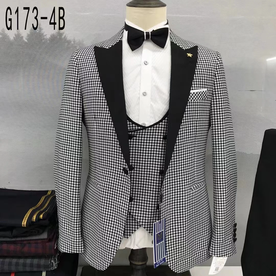 

Double Breasted Black Plaid Suits For Men 3 Piece Slim Fit Autumn Blazer Set Bussiness Dinner Party Costume Homme Custom Made