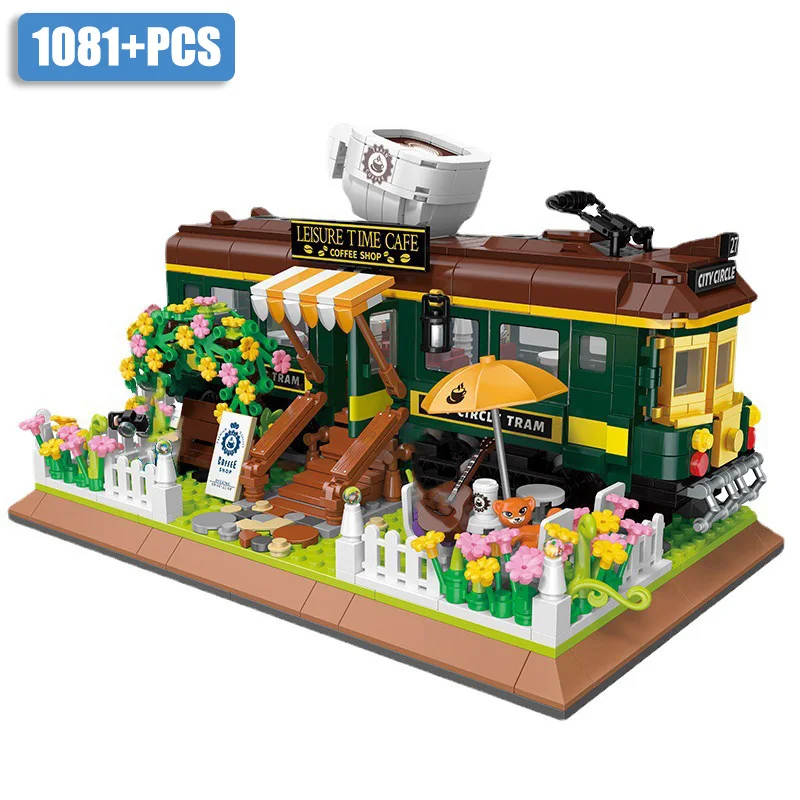 Creative Retro Train Coffee Shop Mini Size Building Blocks City Street View Train Coffee House Bricks Toys Gifts For Children