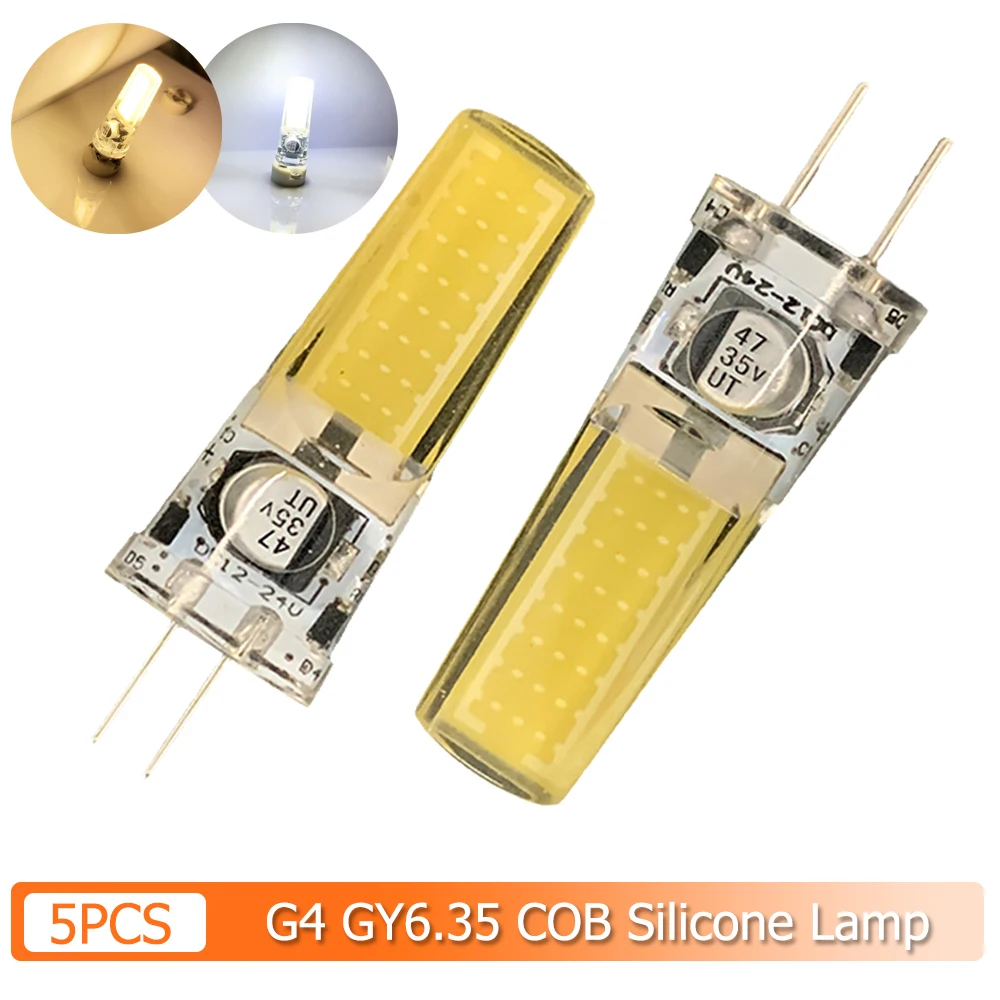 

5X G4 Gy6.35 Светодиодные лампы 24v Cob Light 12v 5w Прохладные белые теплые белые лампы для домашних ламп Силиконовая люстра для украшения дома