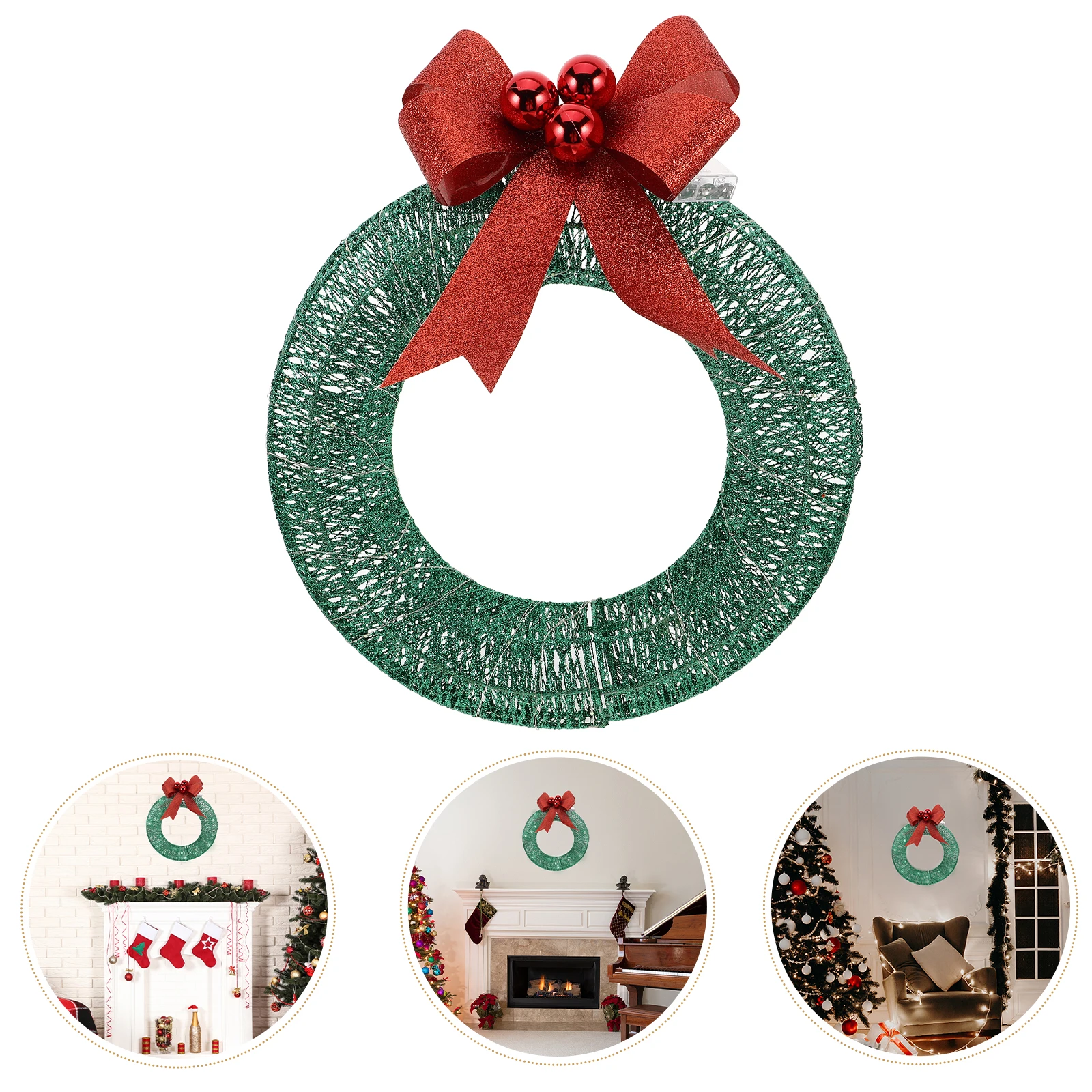 

40Cm Led Lighted Operated Christmas Decor Green Pre-Lit Door Wreath Holiday Porch Decoration Glow Garland Red Bow