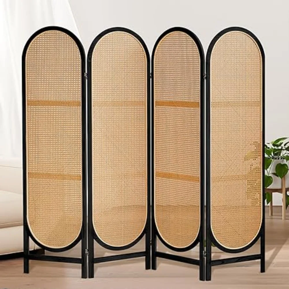 4 Panels Room Dividers, Foldable Wooden Room Dividers, Individual Privacy Screens Made of Hand-Woven Rattan