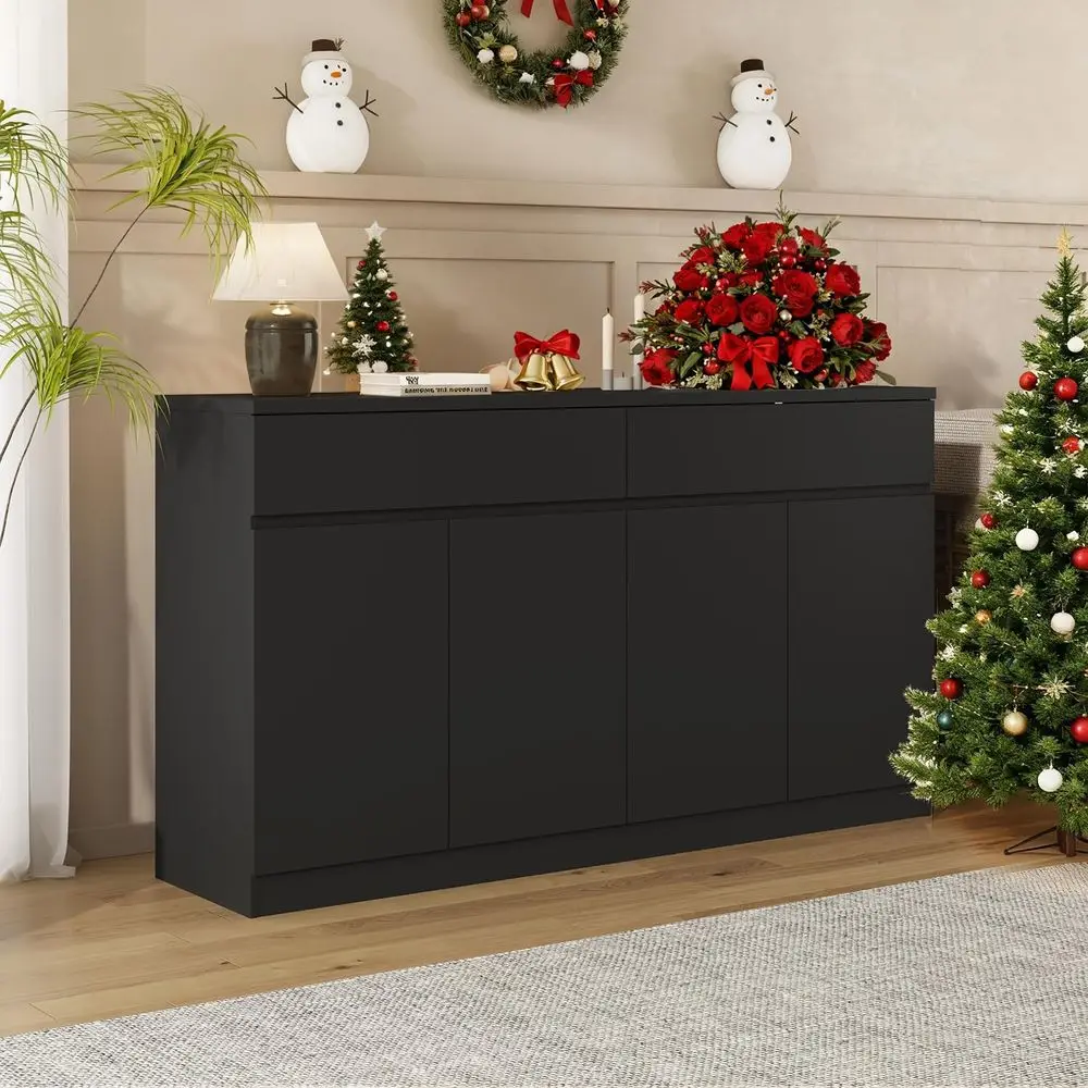 63 بوفيه خزانة جانبية سوداء مع درجين و4 أبواب، خزانة تخزين لغرفة الطعام، سهلة التنظيف، تصميم مضاد للطرف