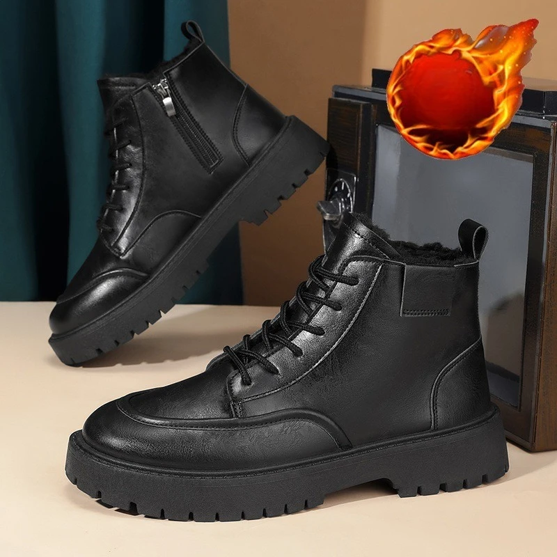 الشتاء المخملية الأسود عالية أعلى أحذية الرجال العصرية تنوعا سميكة سوليد ودافئة أحذية قصيرة عمال الأحذية، أحذية من الجلد الأسود #3