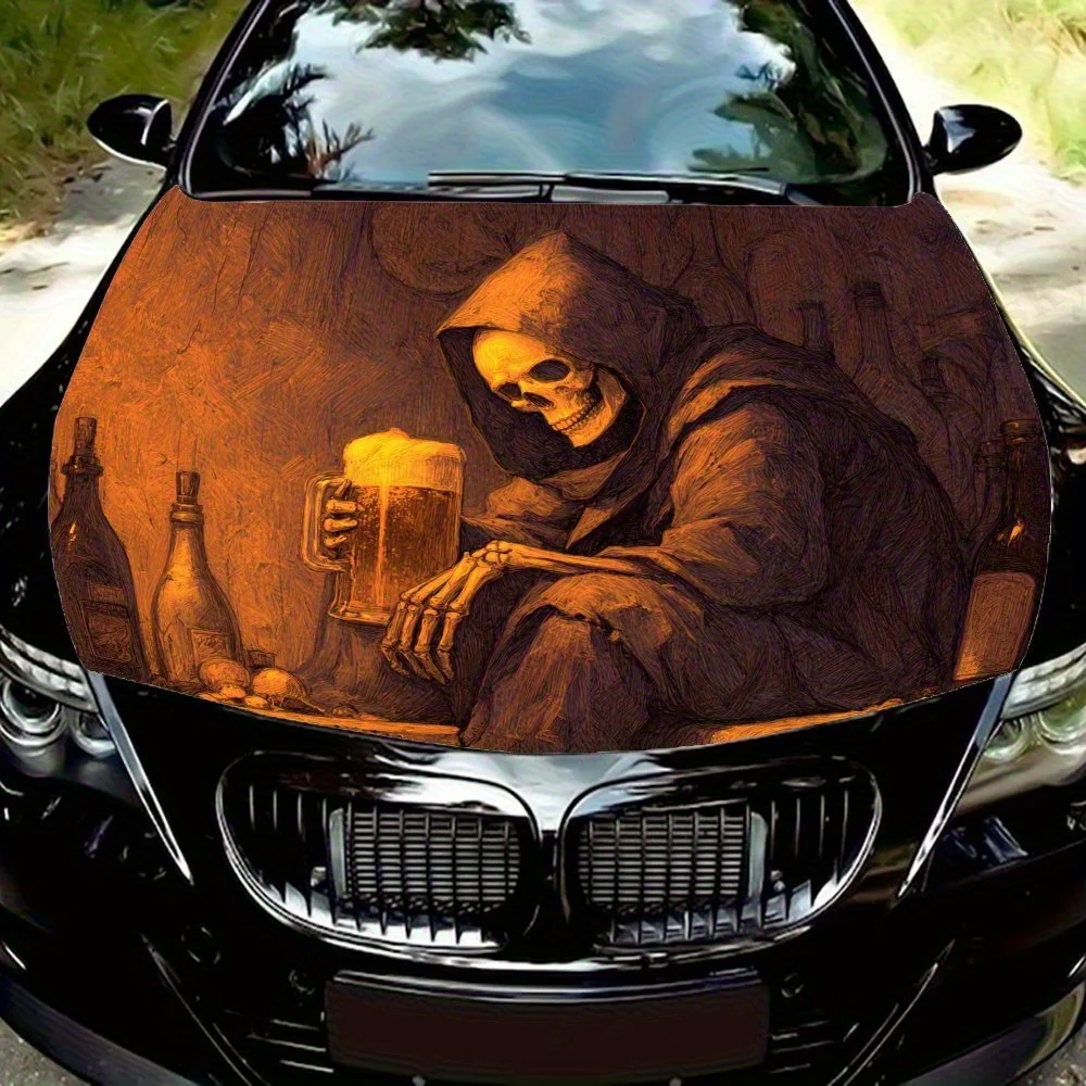 

Skeleton In The Robe Of Beer And Beer Car Hood Sticker-Strong & Durable PVC, 3D Effect, Instant Focus&Attention, Easy Apply& Rem