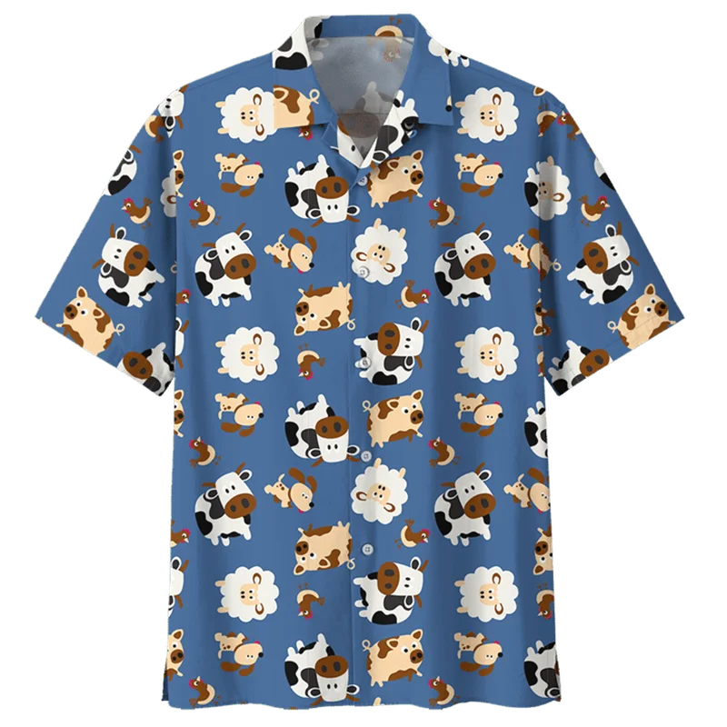 Camisa de manga curta havaiana masculina, desenho animado, camisa estampada 3D vaca, streetwear vintage casual, blusa da moda masculina, verão