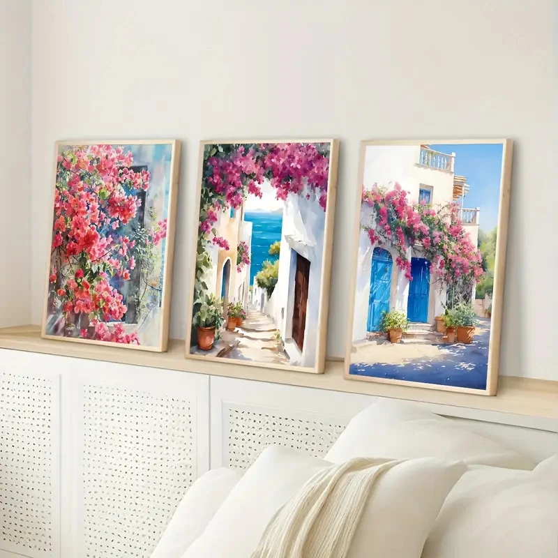 

3pcs/Set Santorini Mediterranean Scenery Greek Travel Watercolor Natural Canvas Poster Room Bathroom Modern Home Decoration