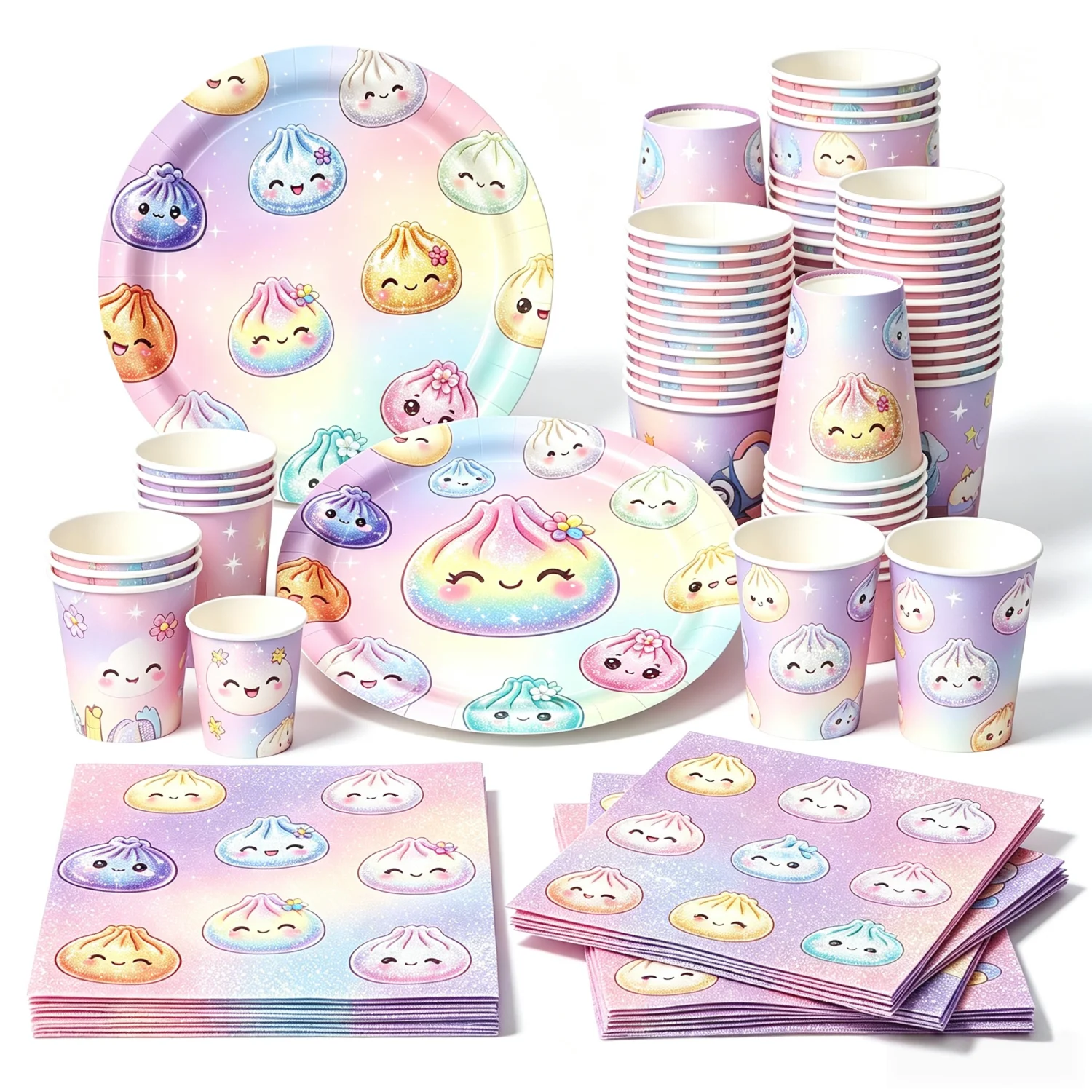 Supply Event - 餃子の誕生日パーティー装飾セット、食器、テーブルクロス、紙皿、ナプキン、カップ、漫画風蒸しパンパーティー記念品