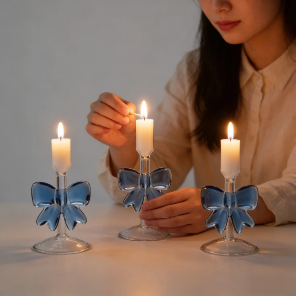 Glass High Pedestal,luxurious Soft Pink/blue Large Bow-shaped Romantic Candlestick,heat-resistant High Borosilicate Decoration