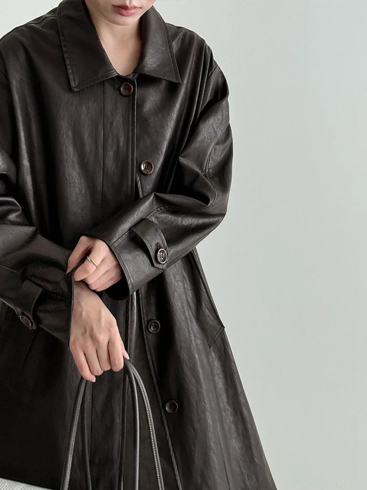 Whtrend jaqueta de couro pu de alta qualidade para mulheres lapela único breasted versátil casacos pretos de comprimento médio primavera outono novo wh2056