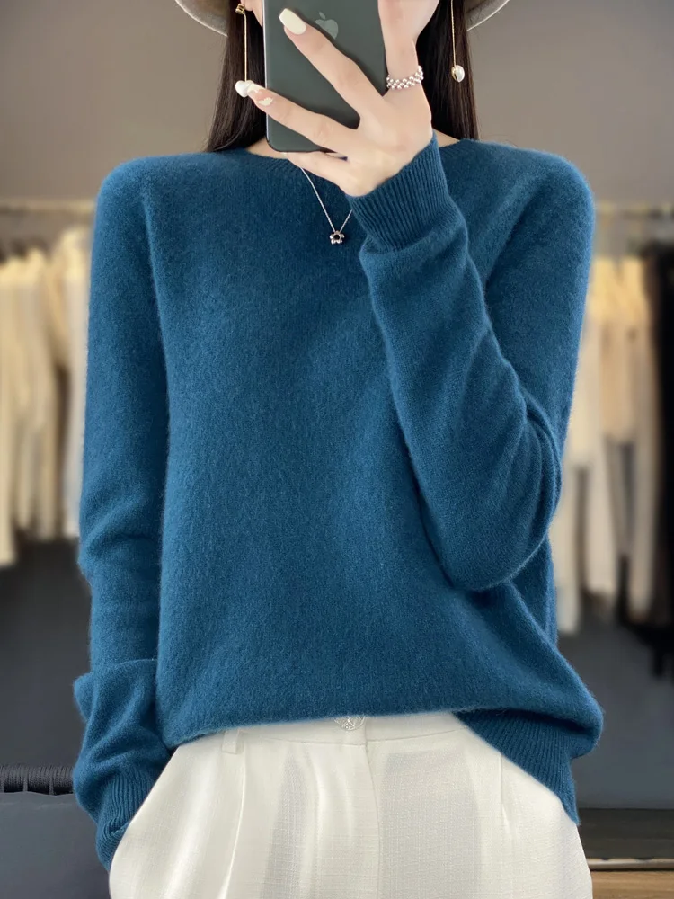 New autumn and winter 100% Merino pure color O-neck cashmere sweater women\'s casual knitted top pullover