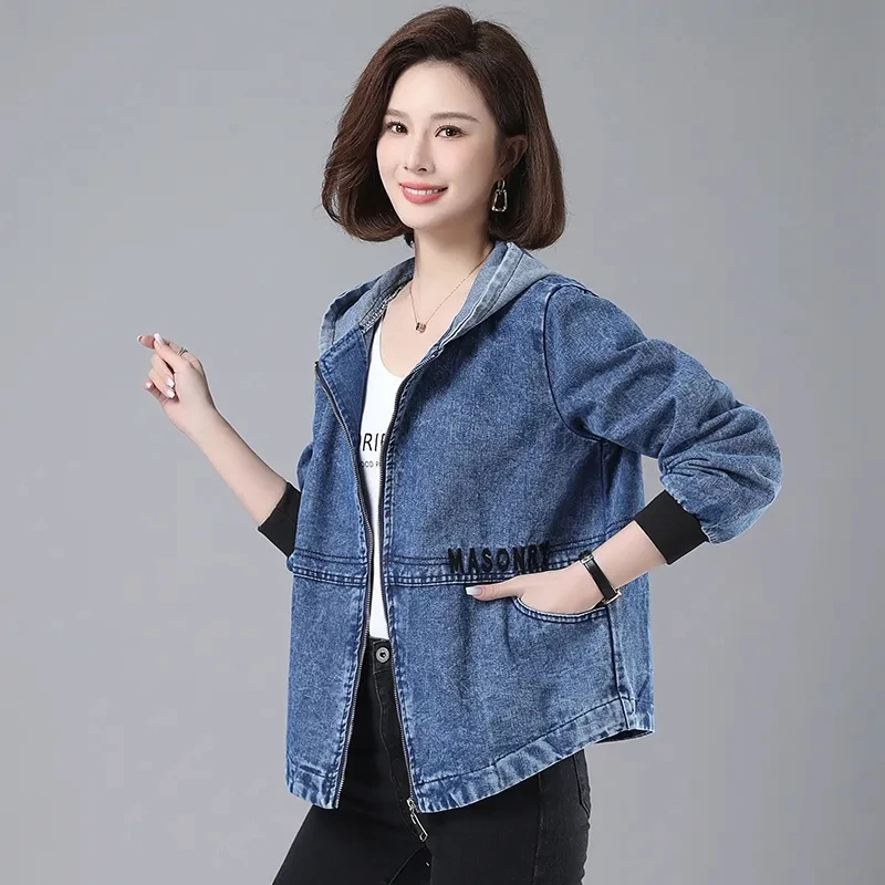 Jaqueta jeans feminina primavera 2023 nova moda all-match solto jeans casaco feminino primavera outono bordado tamanho grande com capuz outwear