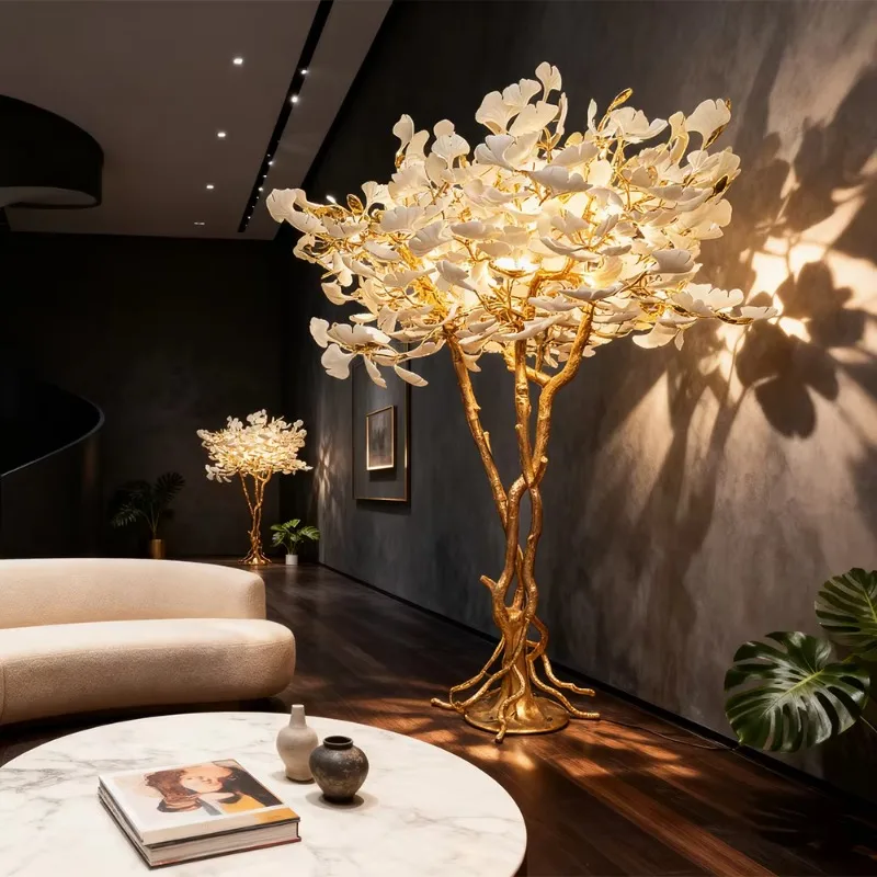 XL2 custom luxury hotel project lighting fixtures handmade golden ginkgo tree floor lamp large vertical decorative lamp