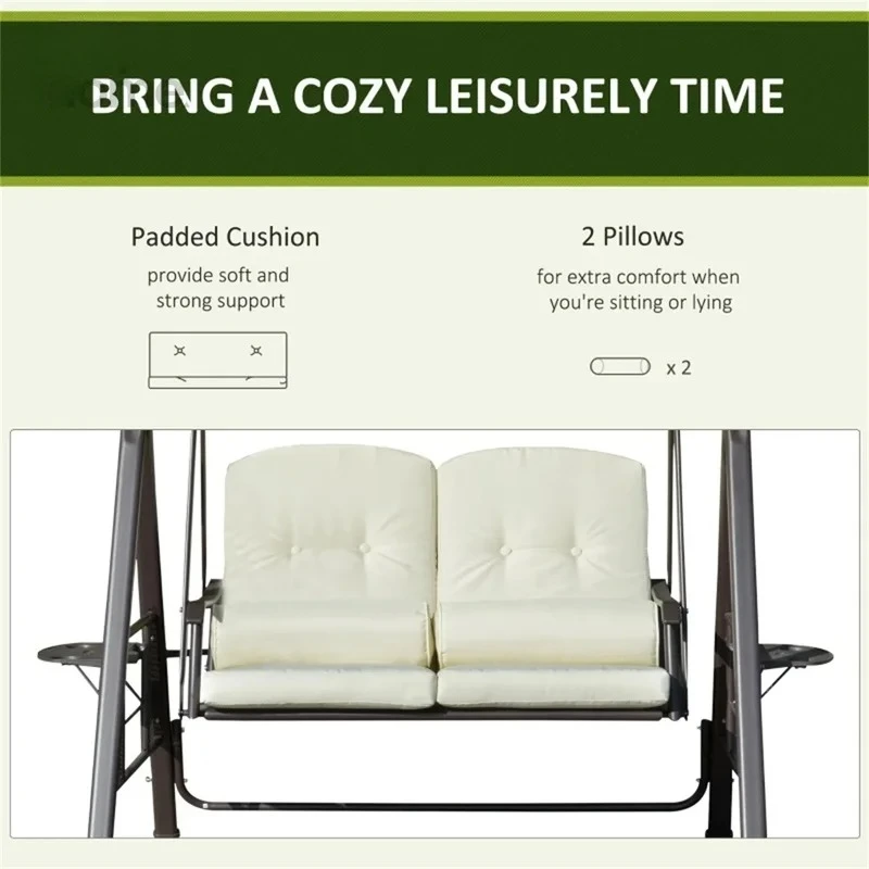 Banco columpio para patio con dosel de sombra ajustable con cojines suaves, cojines y bandeja, color beige.