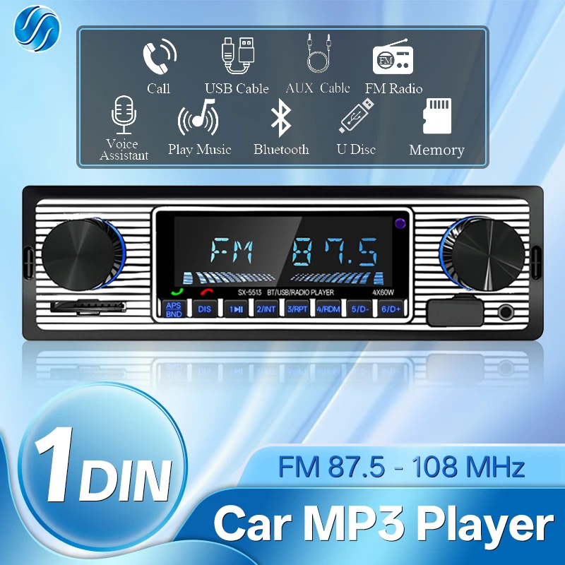Hippcron Car Radio 1 DIN Stereo Digital MP3 Player Bluetooth FM Audio USB TF Music Handfree With In Dash AUX Input 12V ISO Power