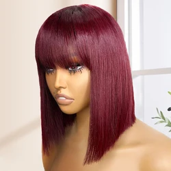 Red 99J Short Bob Wigs With Bang Sleek Brazilian Straight Hair Bob Wigs For Black Women P4/27# Glueless Machine Made Cheap Human