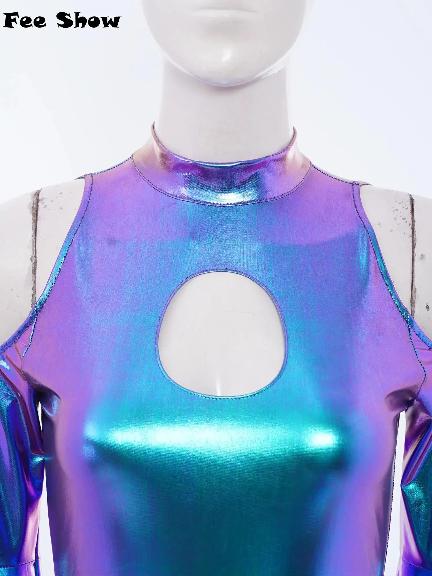 

Женский блестящий боди металлик с воротником-стойкой, открытые плечи, замочная скважина, преувеличенный купальник с расклешенными рукавами, комбинезон для дискотек, танцевальная одежда