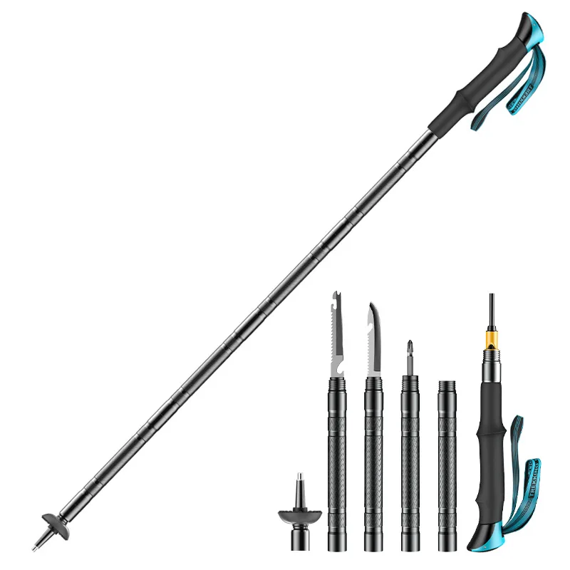 New Multi-functional Folding Hike Poles Outdoor Retractable Tactical Walking Stick Alumina Trekking Pole