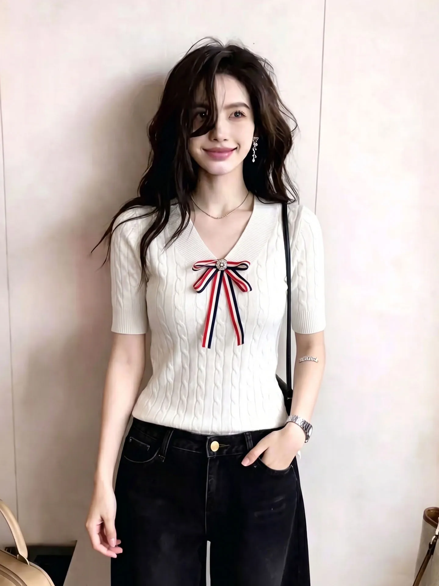 

Korean Style Knot V-Neck Knitwear Short Sleeve Fashion Design Summer Top Women's Silk Blouse Commute Straight Cut