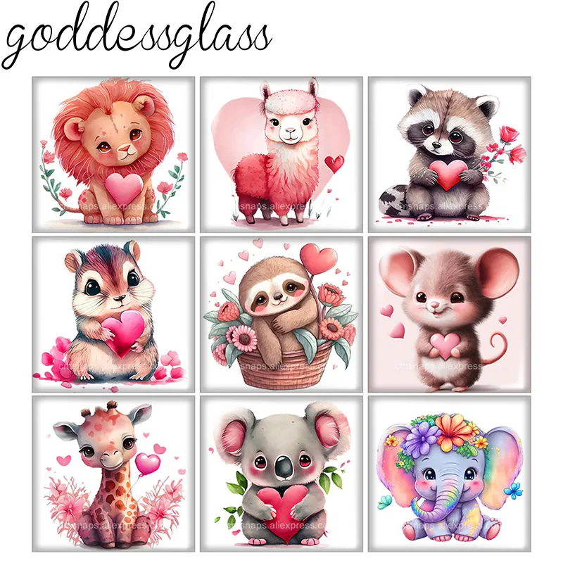 New Cute Heart Animals Lion giraffe Koala Square 10pcs Photo 12mm/20mm/25mm/30mm photo glass cabochon flat back Making findings