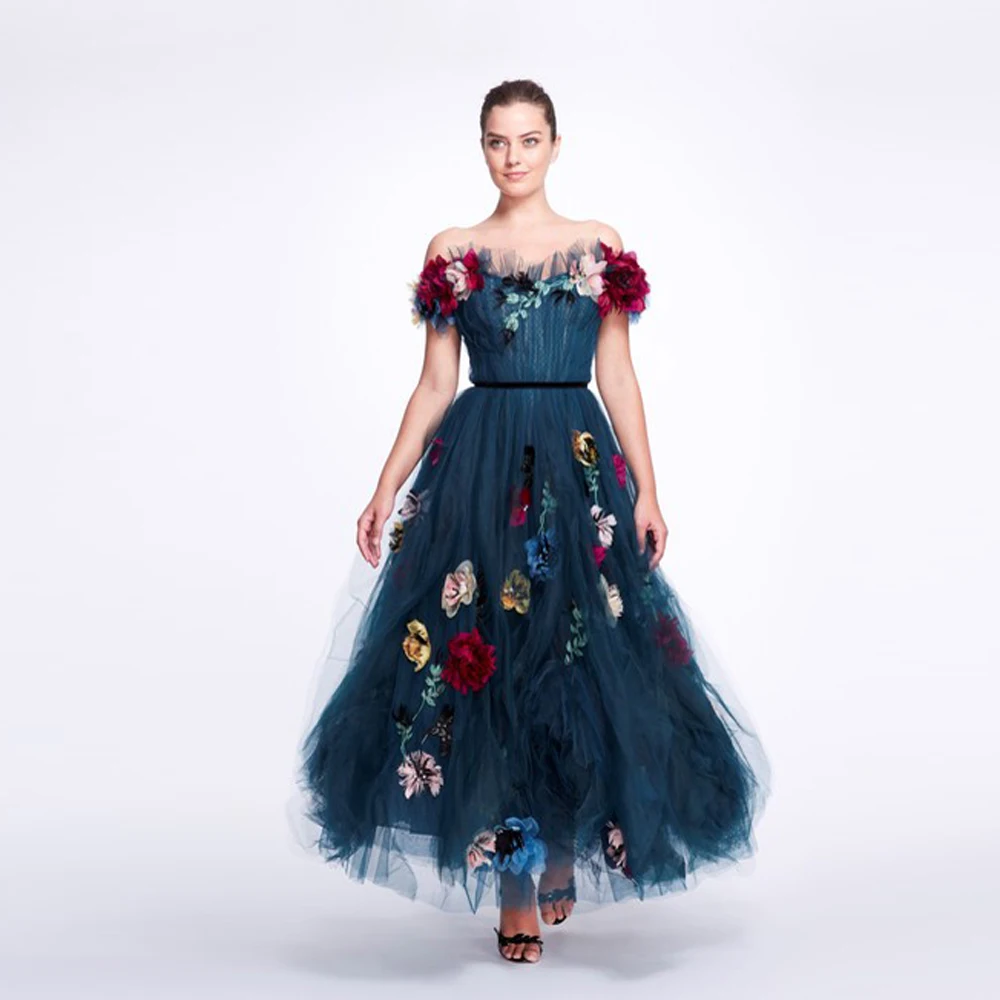 

Pretty Teal Ankle Length Floral Maxi Gowns To Event Party Colorful 3D Flower A-line Tutu Tulle Bridal Dresses Women Party Dress