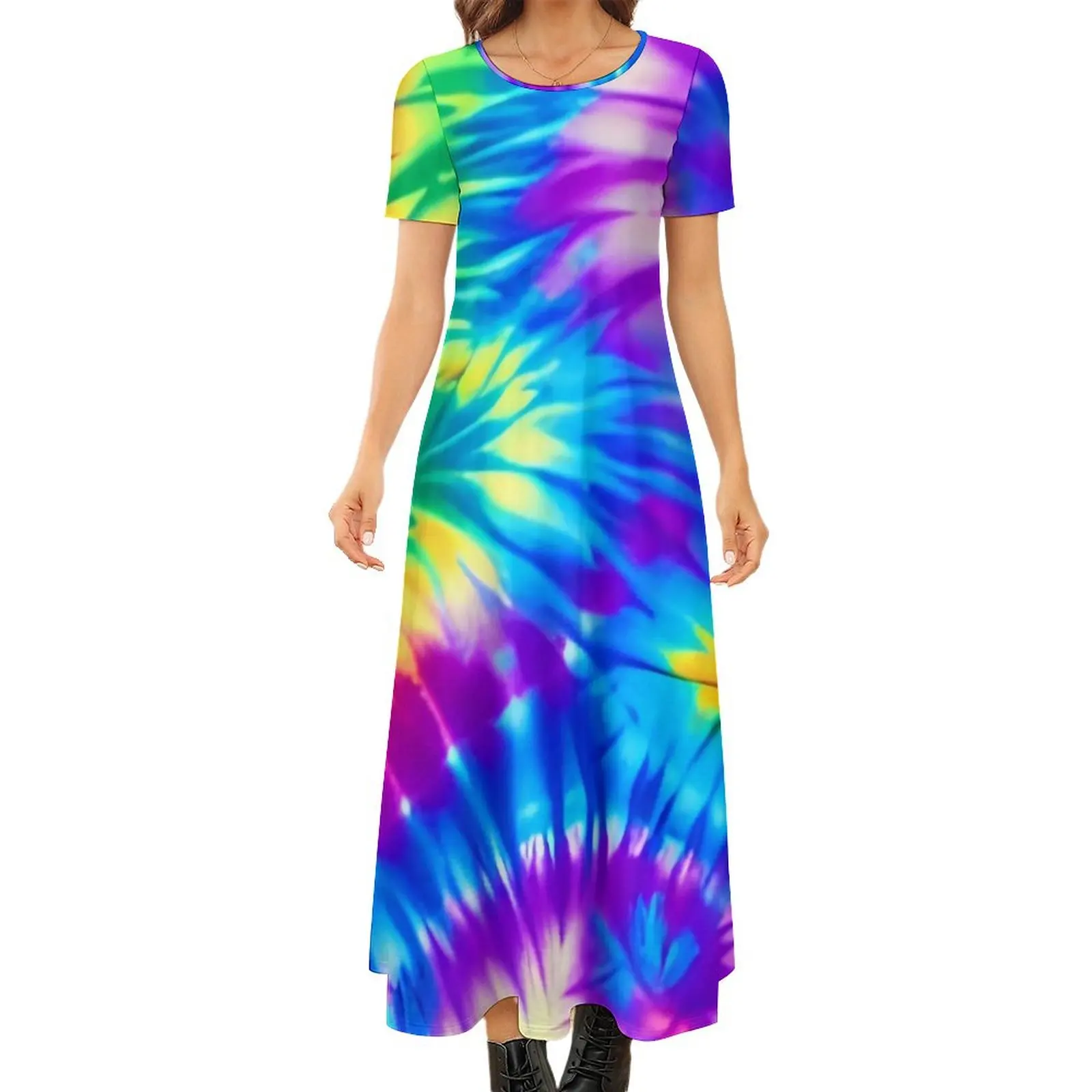 Colorful Tie Dye Dress Rainbow Print Cute Maxi Dress Street Style Boho Beach Long Dresses Female Short Sleeve Oversized Clothing