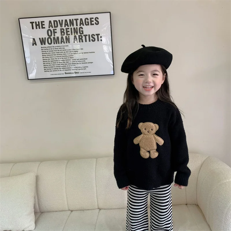 

Girls Sweater Wool Coat Kids Tops Knitting 2023 Bear Thicken Warm Winter Autumn Toddler Cottons Pullover Children's Clothing