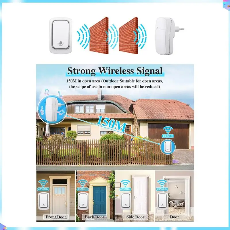 N93R Wireless Doorbell Without Batteries Waterproof Outdoor Kinetic Bell Self-Powered Button EU Plug