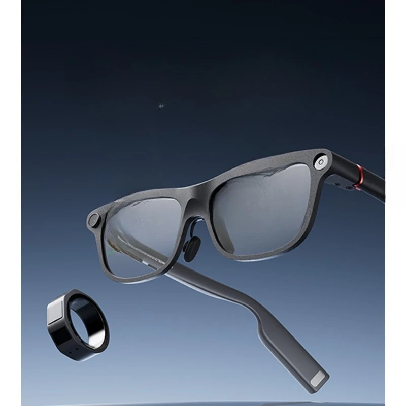 AI glasses, black technology belt display, photo shooting AR real-time simultaneous interpretation, prompt audio glasses