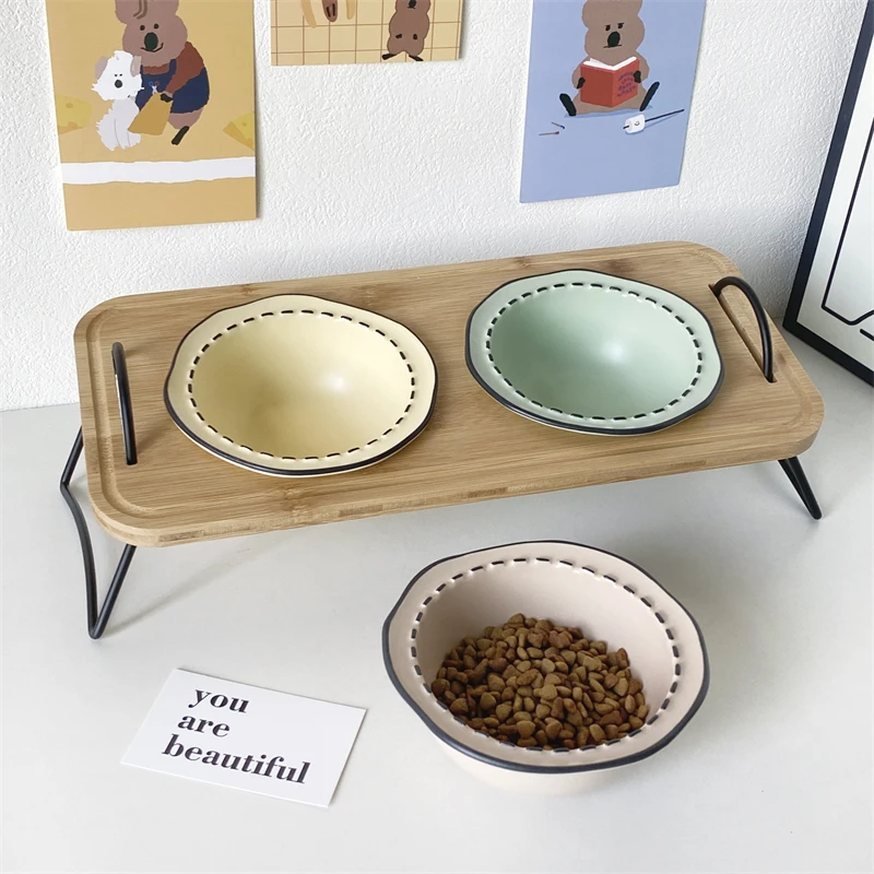 

Ceramic Detachable Bamboo Double Cat Dog Bowl Elevated Anti Spill Food Water Dish Neck Protection Pet Feeding Bowl Stable Base