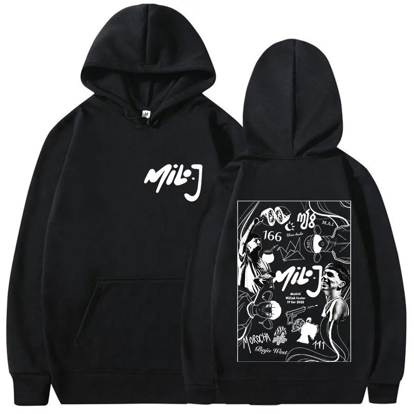 مغني الراب ميلو J 111 جولة 2025 طباعة هوديي الرجال النساء موضة عادية كم طويل البلوز الهيب هوب البوب البلوز مقنعين الشارع الشهير #1