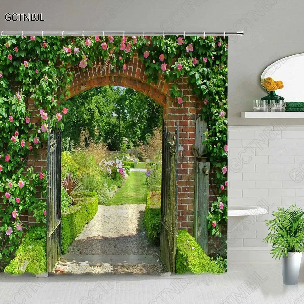 Street Building Scenery Shower Curtain Flower Plant Retro Old Door Summer Rural Landscape Bathroom Curtain Background Wall Dec