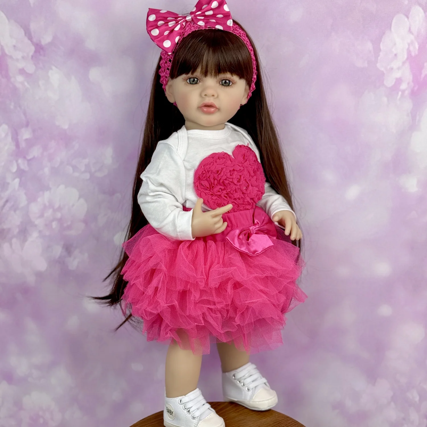 BZDOLL 55CM Full Vinyl Body Reborn Baby Doll Toy Dress Up Long Hair Princess Toddler with Pink Dress Suit Birthday Gift Bath Toy