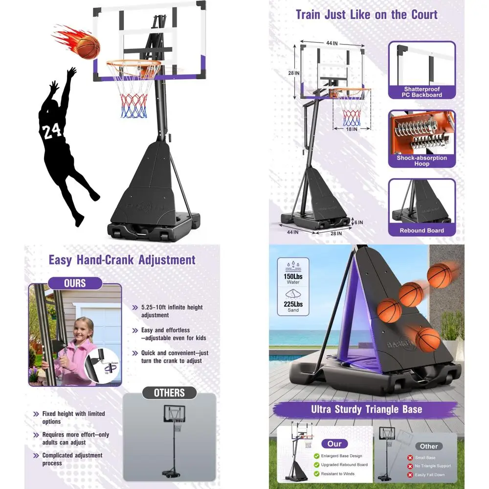 持ち運び可能な屋外用バスケットボールゴール、飛散防止44/48インチPCバックボード、高さ5.25～10フィートまで調整可能