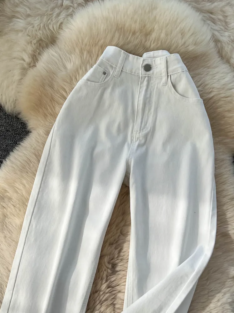 High Waist Wide Leg Straight Cut Jeans Women's Faion Korean Sle White Denim Pants Design Sensation Sewing Line Autumn New