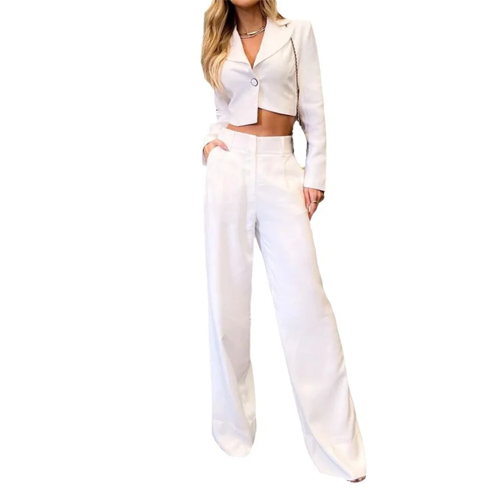 Women White Short Blazer Long Pants Suit Lapel V-Neck Long Sleeve Crop Top and Straight Pants Office Lady Elegant 2 Piece Set