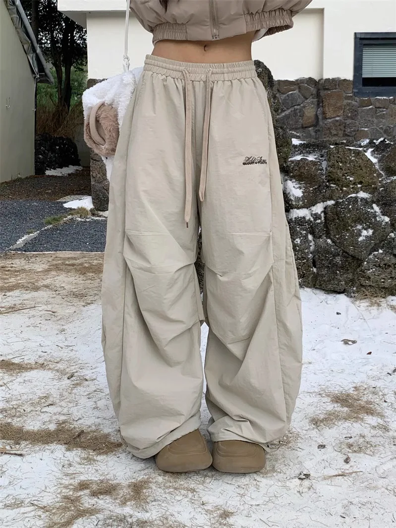 

American Street Sle Fce Lined Trousers Men Women Autumn Winter Loose Couple Wide Leg Floor Length Casual Pants